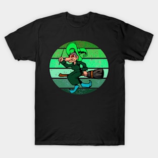 halloween-s-funny-witch-flying-with-her-broomstick-holding-magic-wand T-Shirt